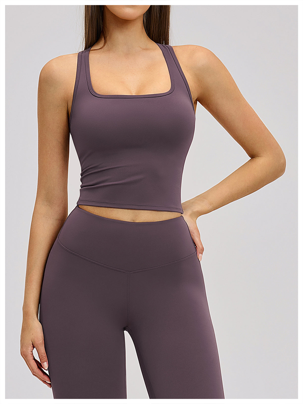 Dune Activewear Top in muted purple, front view showing square neckline and wide straps