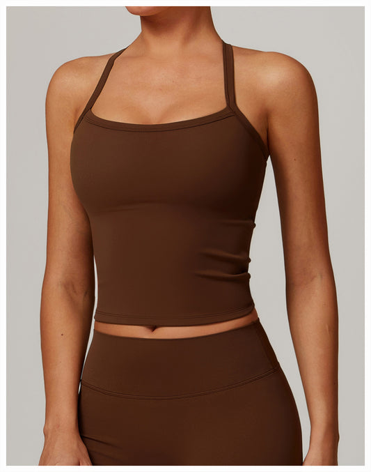 Chocolate brown Form Activewear Top with thin straps and a fitted cropped silhouette